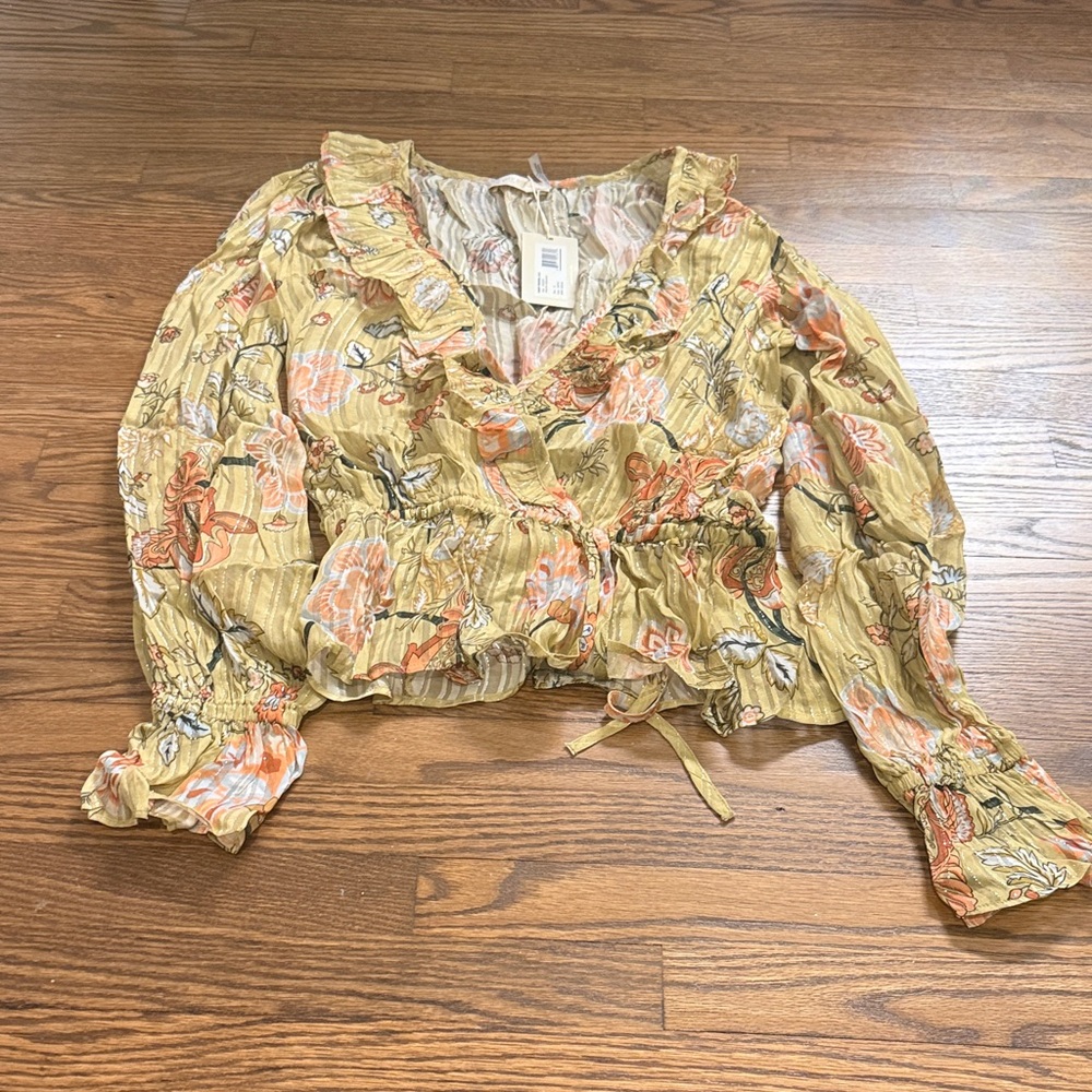 NWT Ramy Brook Floral Ruffle Blouse in Yellow and Orange Size Medium